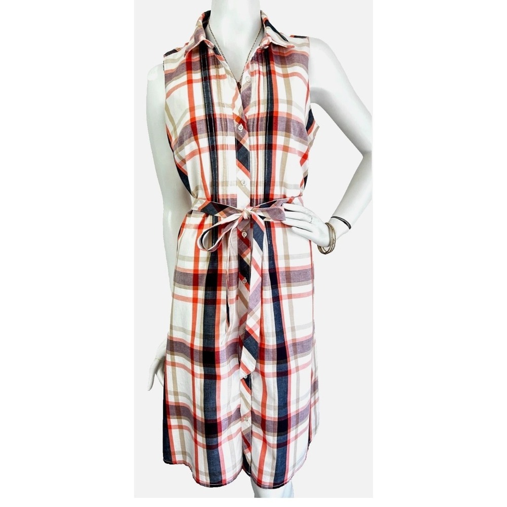 Tommy Hilfiger Plaid Shirt Dress Size Medium Plaid Cotton Linen Sleeveless Belt - Picture 9 of 9
